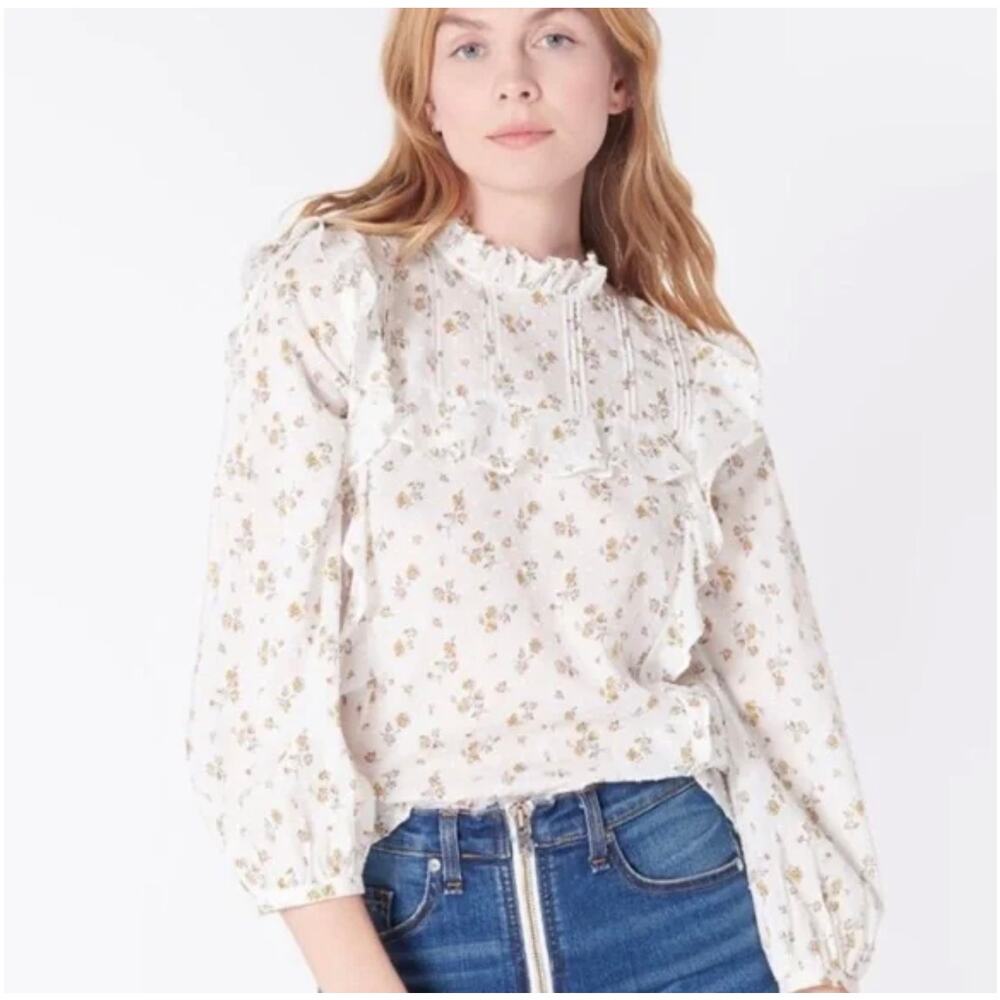 Veronica Beard Beth blouse Swiss dot texture floral print ruffle trim NWT size 4